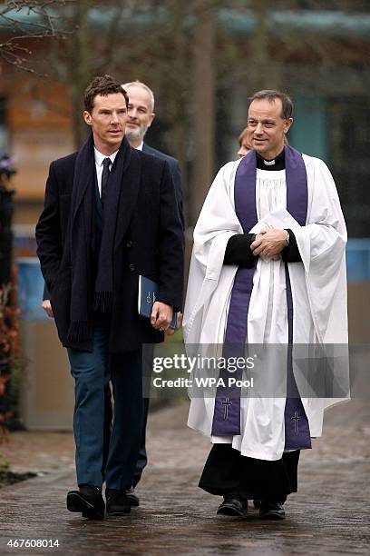 British actor Benedict Cumberbatch and Canon Mike Harrison arrive at Leicester Cathedral for the reinterment ceremony of King Richard III, on March...