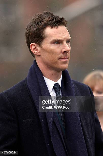 British actor Benedict Cumberbatch arrives at Leicester Cathedral for the reinterment ceremony of King Richard III, on March 26, 2015 in Leicester,...