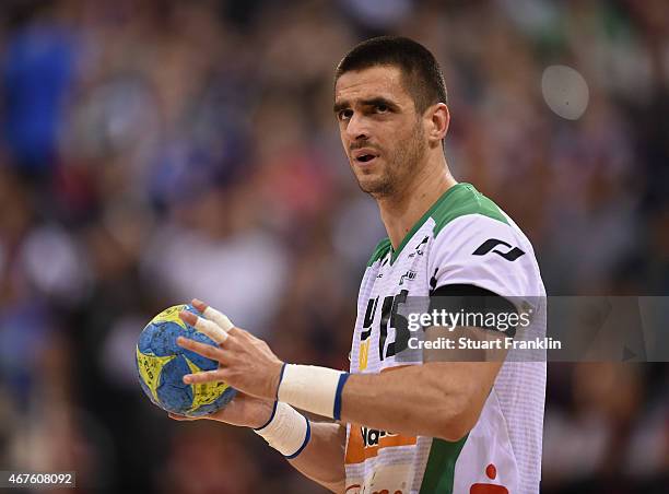 Zarko Sesum of Goeppingen in action during the DKB Bundesliga handball match between SG Flensburg-Handewitt and FA Goeppingen on March 25, 2015 in...