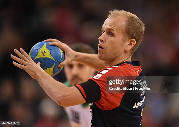 Andres Eggert of Flensburg in action during the DKB Bundesliga handball match between SG Flensburg-Handewitt and FA Goeppingen on March 25, 2015 in...