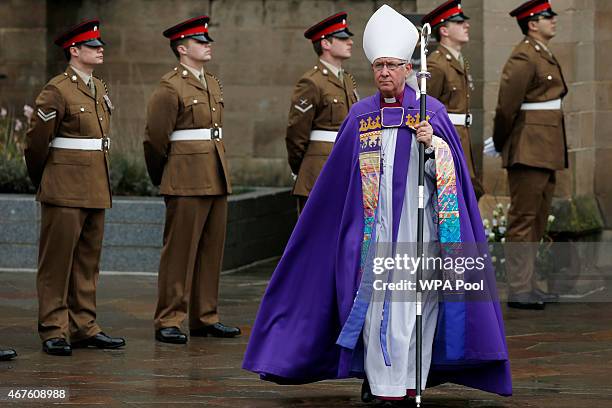 The Right Reverend Tim Stevens, Bishop of Leicester, arrives at Leicester Cathedral for the reinterment ceremony of King Richard III, on March 26,...