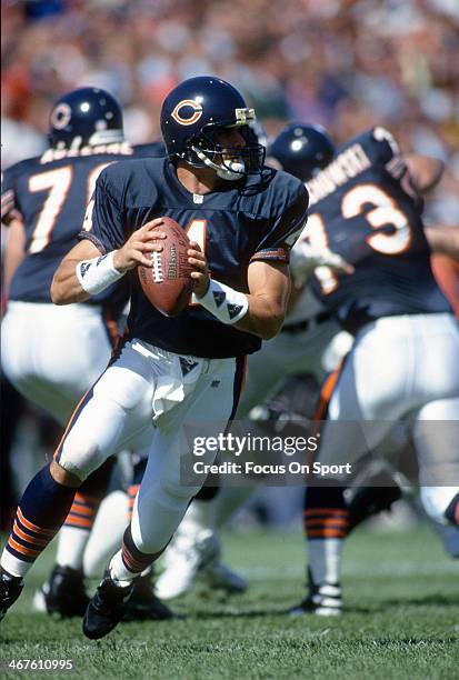 Jim Harbaugh of the Chicago Bears drops back to pass against the Detroit Lions during an NFL football game September 6, 1992 at Soldier Field in...