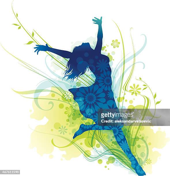 cheerful young woman silhouette jumping for joy - woman running spring stock illustrations