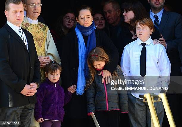 Actor Philip Seymour Hoffman's estranged partner Mimi O'Donnell with their children, Cooper Hoffman, Willa Hoffman and Tallulah Hoffman watch his...