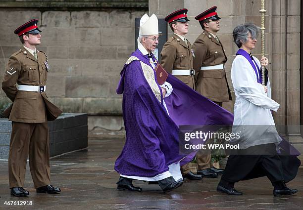 Archbishop of Canterbury Justin Welby arrives at Leicester Cathedral for the reinterment ceremony of King Richard III, on March 26, 2015 in...