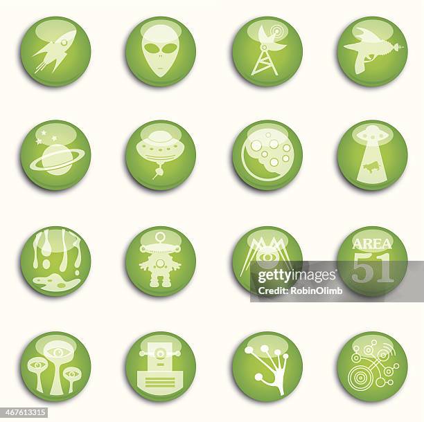 sixteen shiny alien icons - crop circles stock illustrations