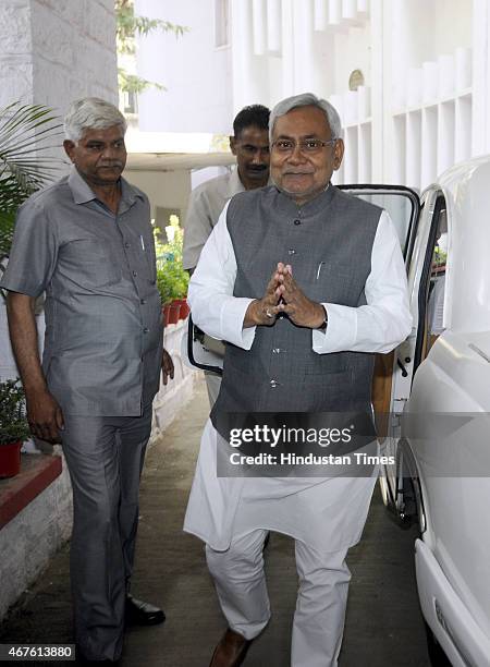 Bihar Chief Minister Nitish Kumar leaves Bihar Bhawan for the meeting with Prime Minister Narendra Modi at South Block on March 26, 2015 in New...