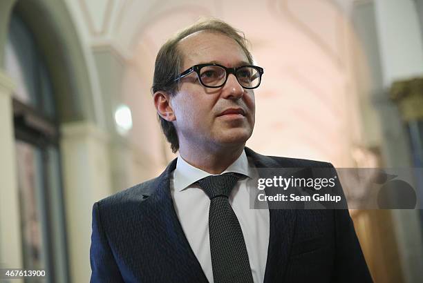 German Transport Minister Alexander Dobrindt speaks to members of the media about Germanwings flight 4U9525 following a press conference on March 26,...