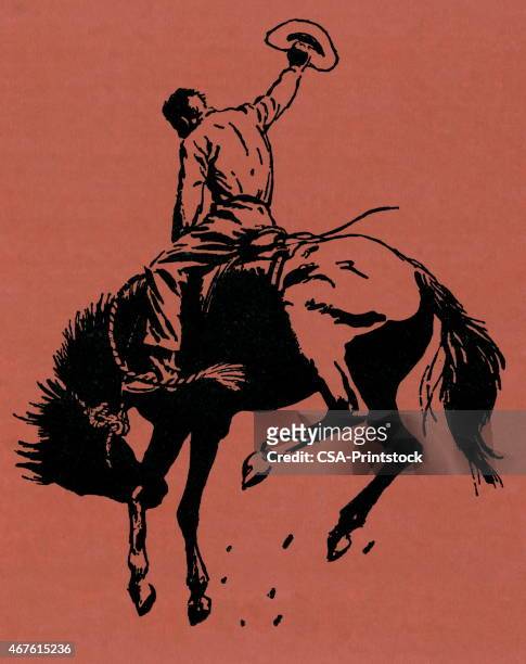bildbanksillustrationer, clip art samt tecknat material och ikoner med cowboy riding a horse on an orange background - rodeo