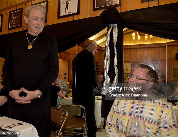 Inducee Jim Ed Brown and Pete Fisher VP/GM Grand Ole Opry during Country Music Hall of Fame inducees Jim Ed Brown and the Browns dinner party for...