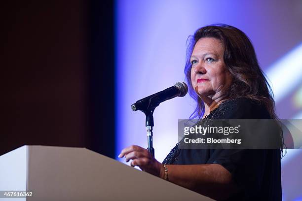 Billionaire Gina Rinehart, chairman of Hancock Prospecting Pty, pauses during the Mines and Money conference in Hong Kong, China, on Thursday, March...