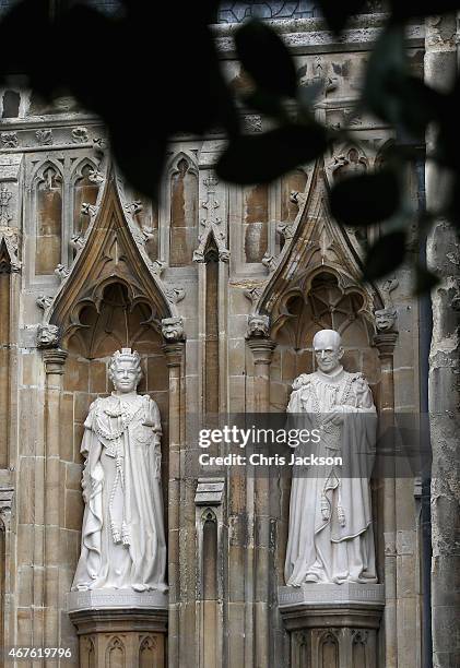 Statue of Queen Elizabeth II and Prince Philip, Duke of Edinburgh to celebrate the Queen's Diamond Jubilee at Canterbury Cathedral on March 26, 2015...