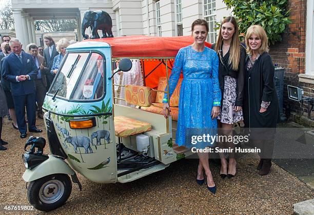 Yasmin Le Bon, Amber Le Bon and Joanna Lumley pose at the launch of 'Travels to my Elephant' Rickshaw Race at Clarence House on March 26, 2015 in...