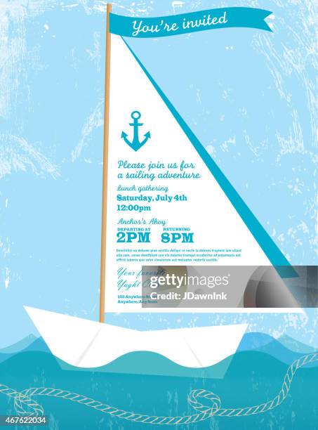 papier segelboot segel und yahting einladung design-vorlage - paper boat stock-grafiken, -clipart, -cartoons und -symbole