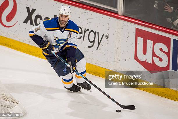 Barret Jackman of the St. Louis Blues skates against the Minnesota Wild during the game on March 21, 2015 at the Xcel Energy Center in St. Paul,...