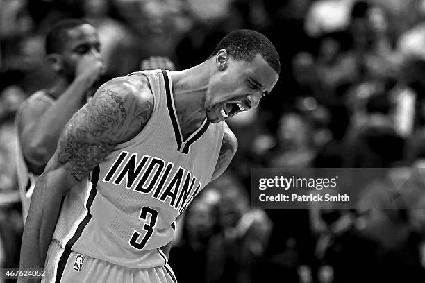 George Hill of the Indiana Pacers reacts after defeating the Washington Wizards at Verizon Center on March 25, 2015 in Washington, DC. The Indiana...