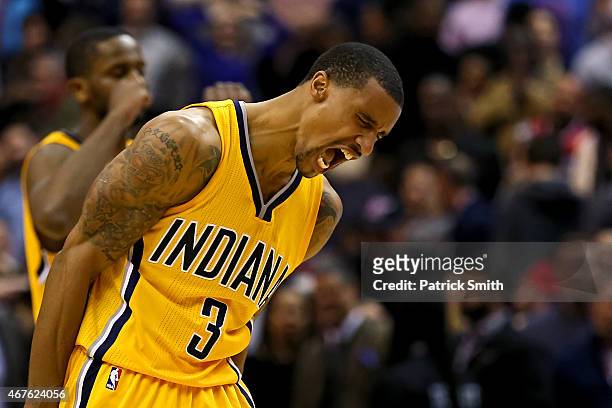 George Hill of the Indiana Pacers reacts after defeating the Washington Wizards at Verizon Center on March 25, 2015 in Washington, DC. The Indiana...