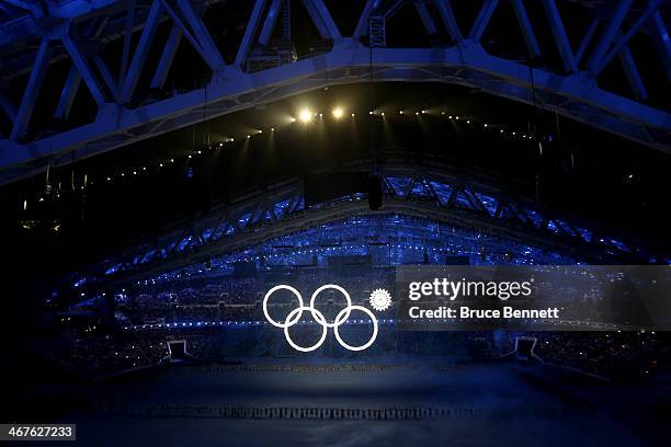 Snowflakes transform into four Olympic rings with one failing to form during the Opening Ceremony of the Sochi 2014 Winter Olympics at Fisht Olympic...