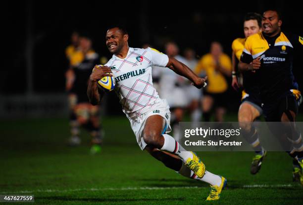 Tigers wing Vereniki Goneva races through to score the opening try during the Aviva Premiership match between Worcester Warriors and Leicester Tigers...