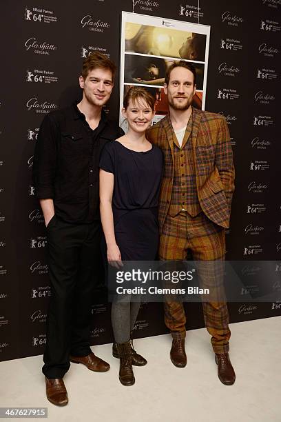 Robert Finster, Nadja Bobyleva and Sebastian Zimmler attend the Warm-Up at the Glashuette Lounge during 64th Berlinale International Film Festival on...