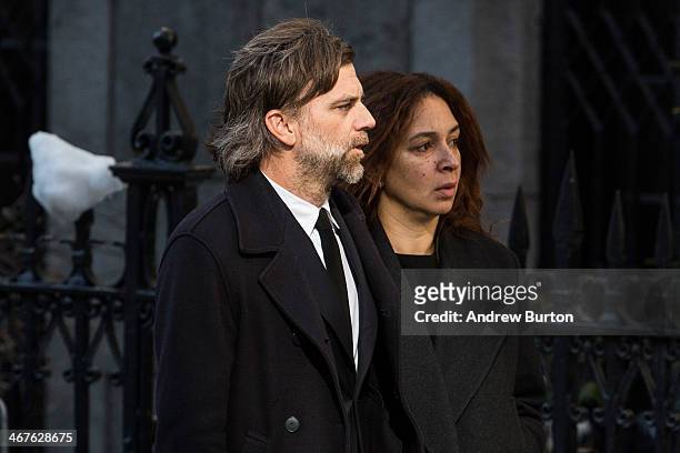 Paul Thomas Anderson and Maya Rudolph attend the funeral service for actor Philip Seymour Hoffman who died of an alleged drug overdose on February 1,...