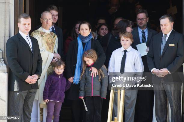 Mimi O'Donnell , partner of actor Philip Seymour Hoffman, along with their children , Willa Hoffman, Tallulah Hoffman and Cooper Hoffman, watch as...