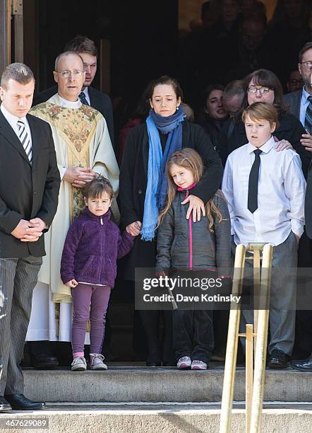 Mimi O'Donnell , partner of actor Philip Seymour Hoffman, along with their children , Willa Hoffman, Tallulah Hoffman and Cooper Hoffman, watch as...