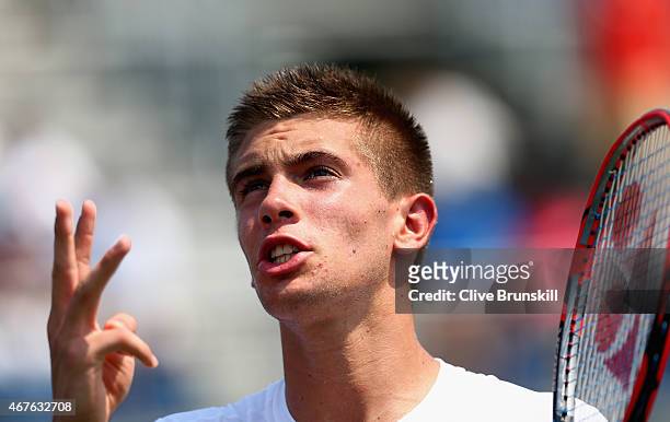 Borna Coric of Croatia shows his emotions against Andreas Haider-Maurer of Austria in their first round match during the Miami Open at Crandon Park...