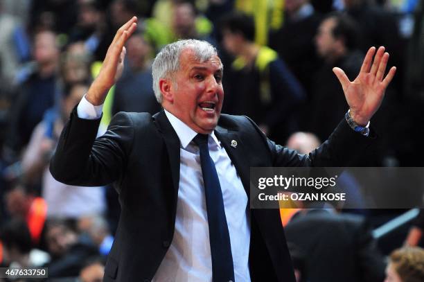 Fenerbahce's head coach Zelimir Obradovic reacts during the Euroleague basketball match between Fenerbahce Ulker and Unicaja Malaga at Fenerbahce...