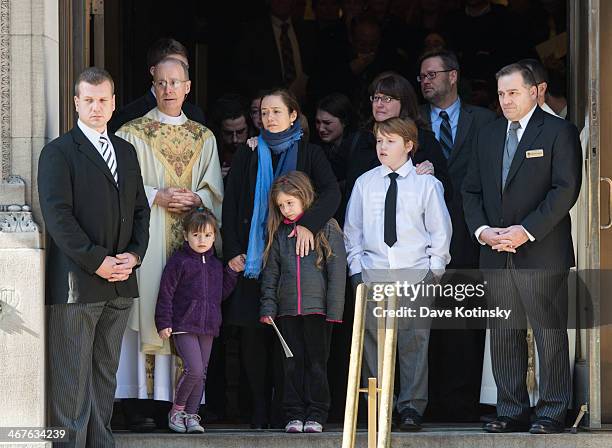 Mimi O'Donnell , partner of actor Philip Seymour Hoffman, along with their children , Willa Hoffman, Tallulah Hoffman and Cooper Hoffman, watch as...