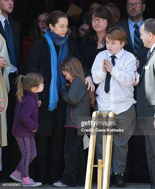 Mimi O'Donnell , partner of actor Philip Seymour Hoffman, along with their children , Willa Hoffman, Tallulah Hoffman and Cooper Hoffman, watch as...