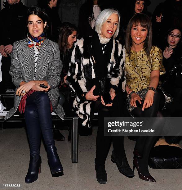 Fashion blogger Leandra Medine, Bergdorf Goodman fashion director Linda Fargo and journalist Alina Cho attend the Sally LaPointe fashion show during...