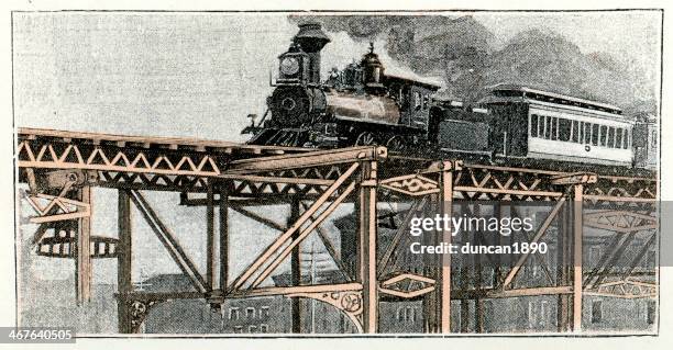 elevated steam train - railway bridge stock illustrations