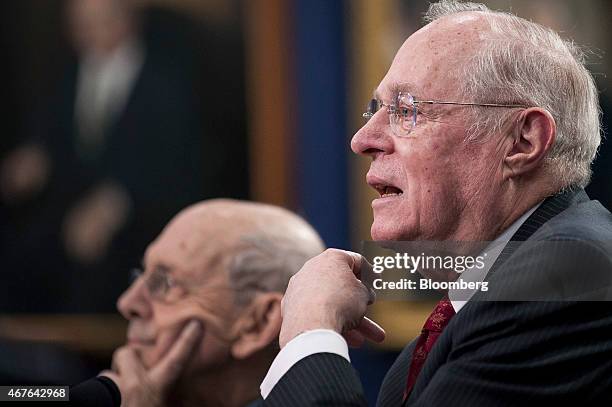 Supreme Court Justices Stephen Breyer, left, and Anthony Kennedy testify during a Financial Services and General Government Subcommittee in...