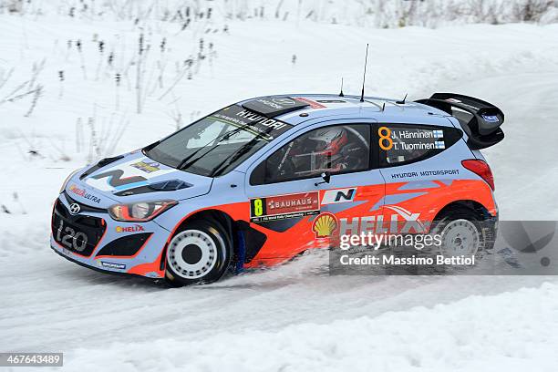 Juho Hanninen of Finland and Tomi Tuominen of Finland compete in their Hyundai Motorsport Hyundai i20 WRC during Day Two of the WRC Sweden on...