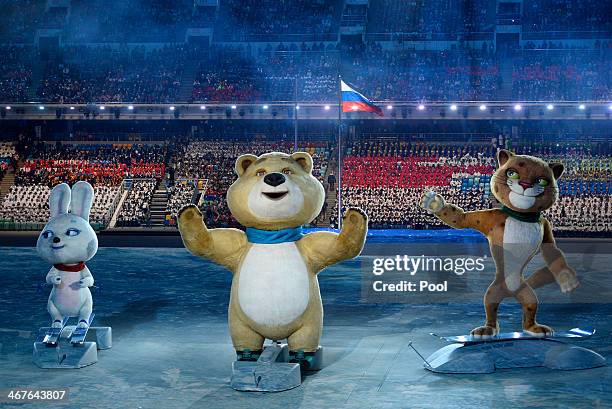 The Sochi Winter Olympic games official mascots, the Leopard, the Polar Bear, and the Hare, perform during the opening ceremony of the Sochi 2014...