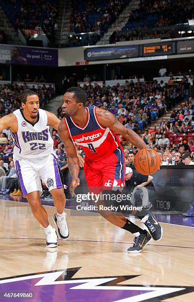 Martell Webster of the Washington Wizards drives against Andre Miller of the Sacramento Kings on March 22, 2015 at Sleep Train Arena in Sacramento,...