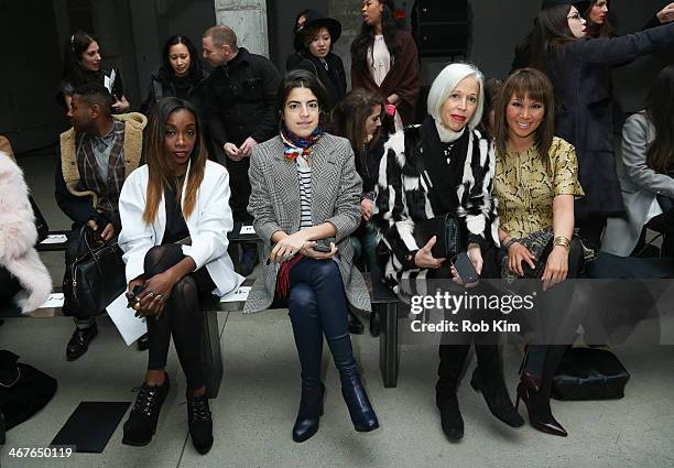 Estelle, Leandra Medine, Alina Cho and Linda Fargo attend the Sally LaPointe show during Mercedes-Benz Fashion Week Fall 2014 at Skylight Modern on...