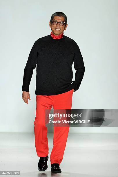 Tadashi Shoji walks the runway at Tadashi Shoji Ready to Wear Fall/Winter 2014-2015 fashion show during Mercedes-Benz Fashion Week Fall 2014 at The...