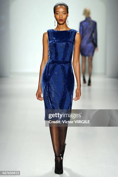 Model walks the runway at Tadashi Shoji Ready to Wear Fall/Winter 2014-2015 fashion show during Mercedes-Benz Fashion Week Fall 2014 at The Salon at...