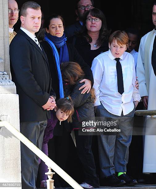 Mimi O'Donnell, Cooper Alexander Hoffman, Tallulah Hoffman and Willa Hoffman attend the funeral service for actor Philip Seymour Hoffman who died of...