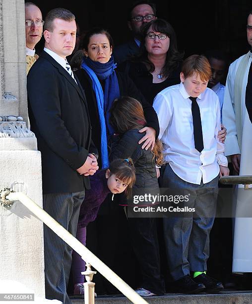 Mimi O'Donnell, Cooper Alexander Hoffman, Tallulah Hoffman and Willa Hoffman attend the funeral service for actor Philip Seymour Hoffman who died of...