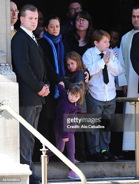 Mimi O'Donnell, Cooper Alexander Hoffman, Tallulah Hoffman and Willa Hoffman attend the funeral service for actor Philip Seymour Hoffman who died of...