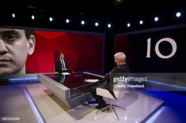 In this handout provided by Sky News, Labour Party Leader Ed Miliband is interviewed by Jeremy Paxman of Channel 4 during the filming of 'Cameron &...