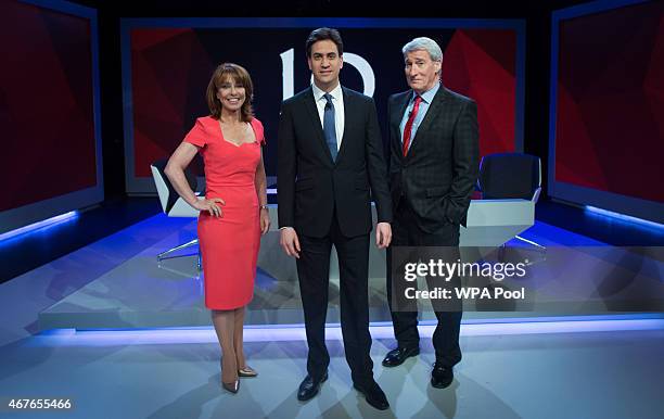 Kay Burley of Sky News poses with Labour Party Leader Ed Miliband and and Jeremy Paxman of Channel 4 ahead of the filming of 'Cameron & Miliband ;...