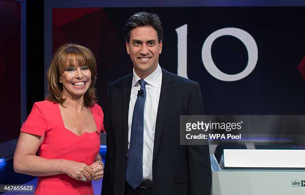 Kay Burley of Sky News poses with Labour Party Leader Ed Miliband ahead of the filming of 'Cameron & Miliband ; The Battle For Number 10' on March...