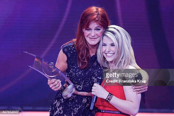 Andrea Berg and Beatrice Egli attend the Echo Award 2015 show on March 26, 2015 in Berlin, Germany.
