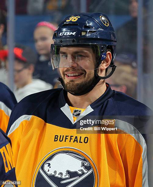 Patrick Kaleta of the Buffalo Sabres smiles while warming up to play the Arizona Coyotes on March 26, 2015 at the First Niagara Center in Buffalo,...