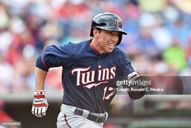 Doug Bernier of the Minnesota Twins runs during a spring training game against the Philadelphia Phillies on March 23, 2015 at Bright House Field in...