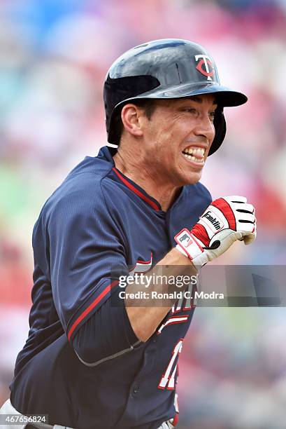 Doug Bernier of the Minnesota Twins runs during a spring training game against the Philadelphia Phillies on March 23, 2015 at Bright House Field in...